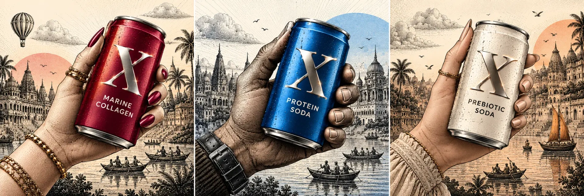 Marine Collagen, Protein Soda and Prebiotic Soda cans held over an engraved waterfront